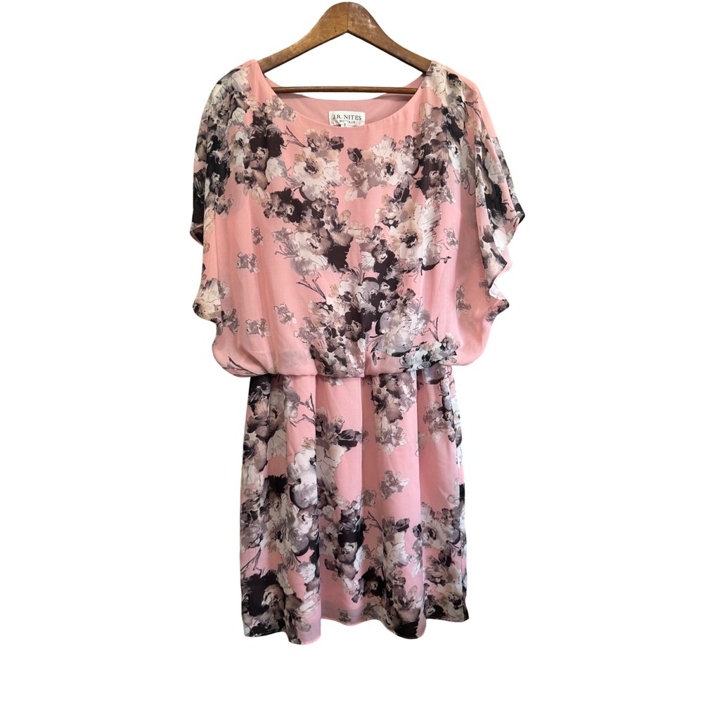 J.R. Nites Floral Chiffon Dress Womens 14 Pink Excellent Blouson Flutter Sleeve